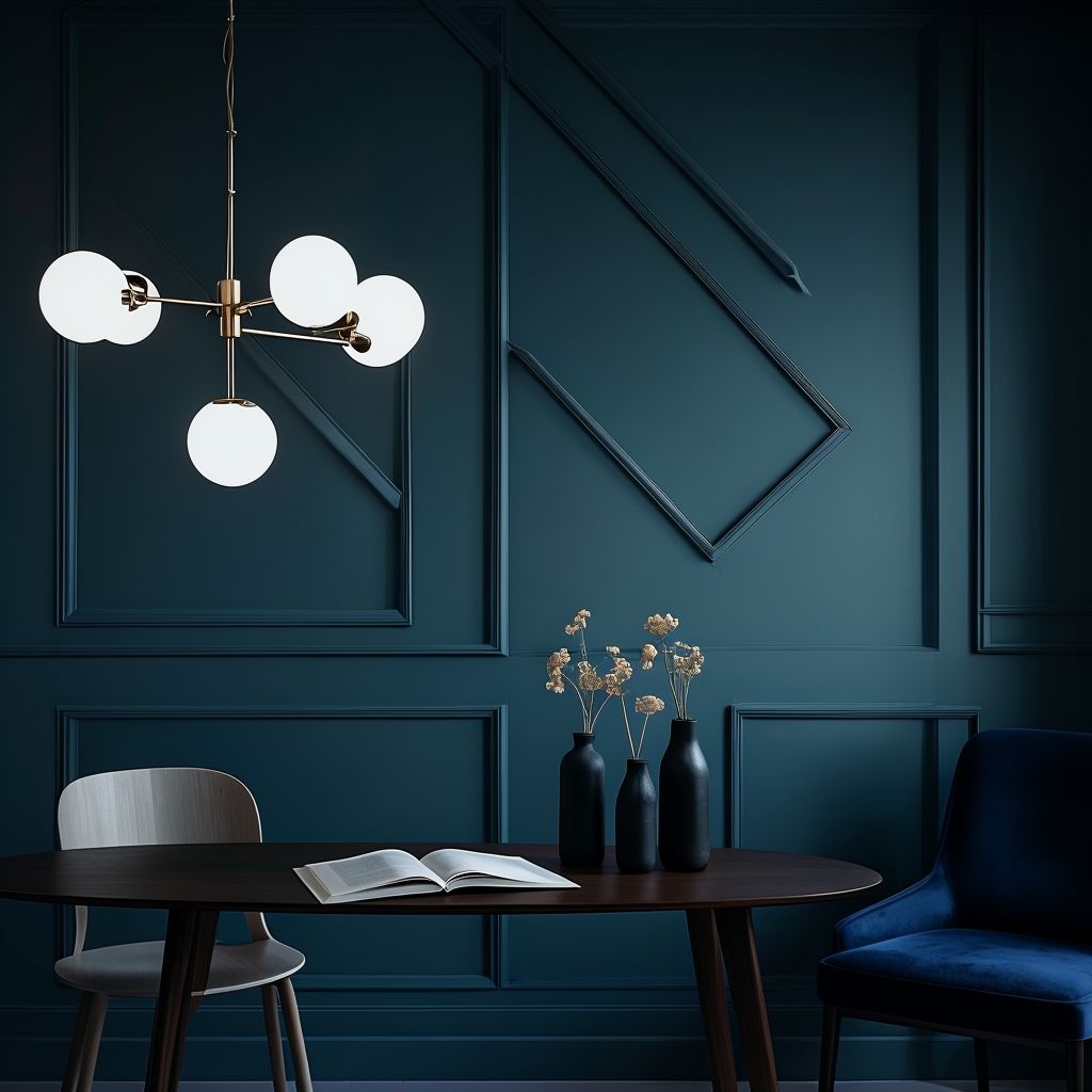 Modern Sophisticated Interior With Dark Teal Accents and Oval Table